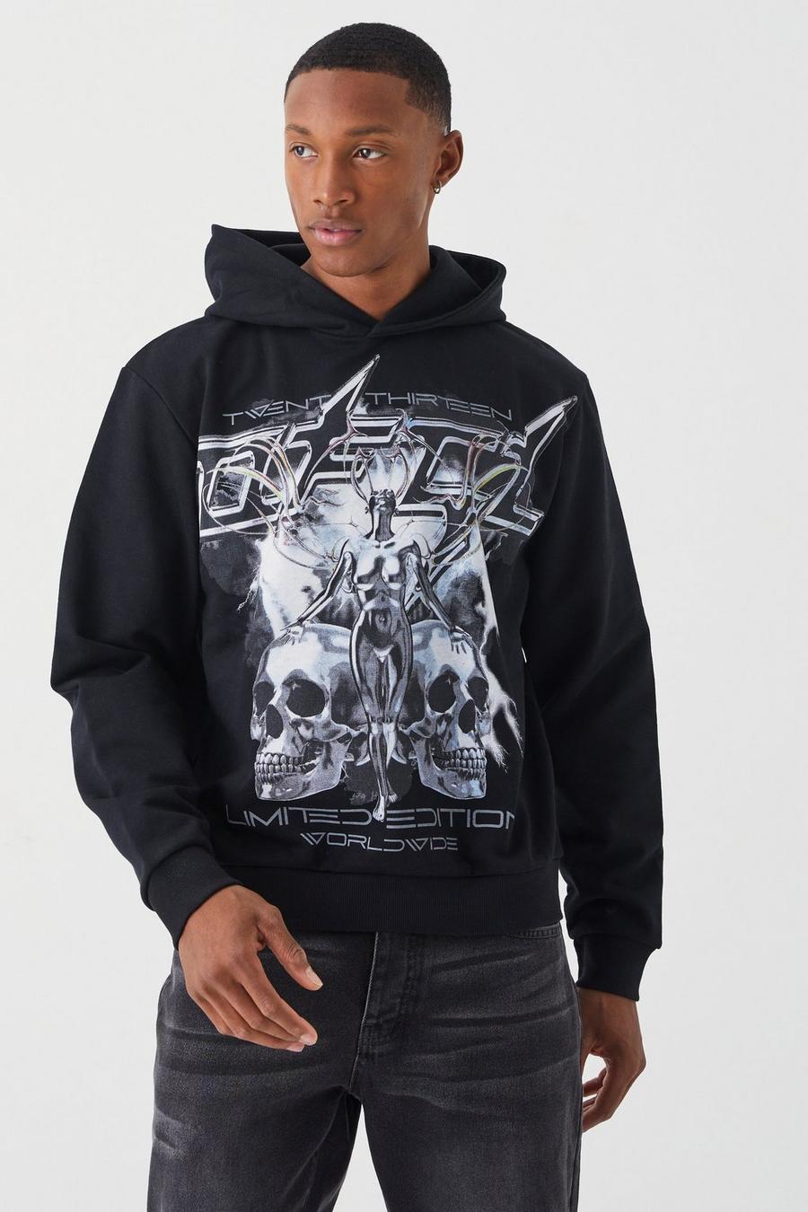 Black Boxy Fit Heavyweight Skull Graphic Hoodie image number 1