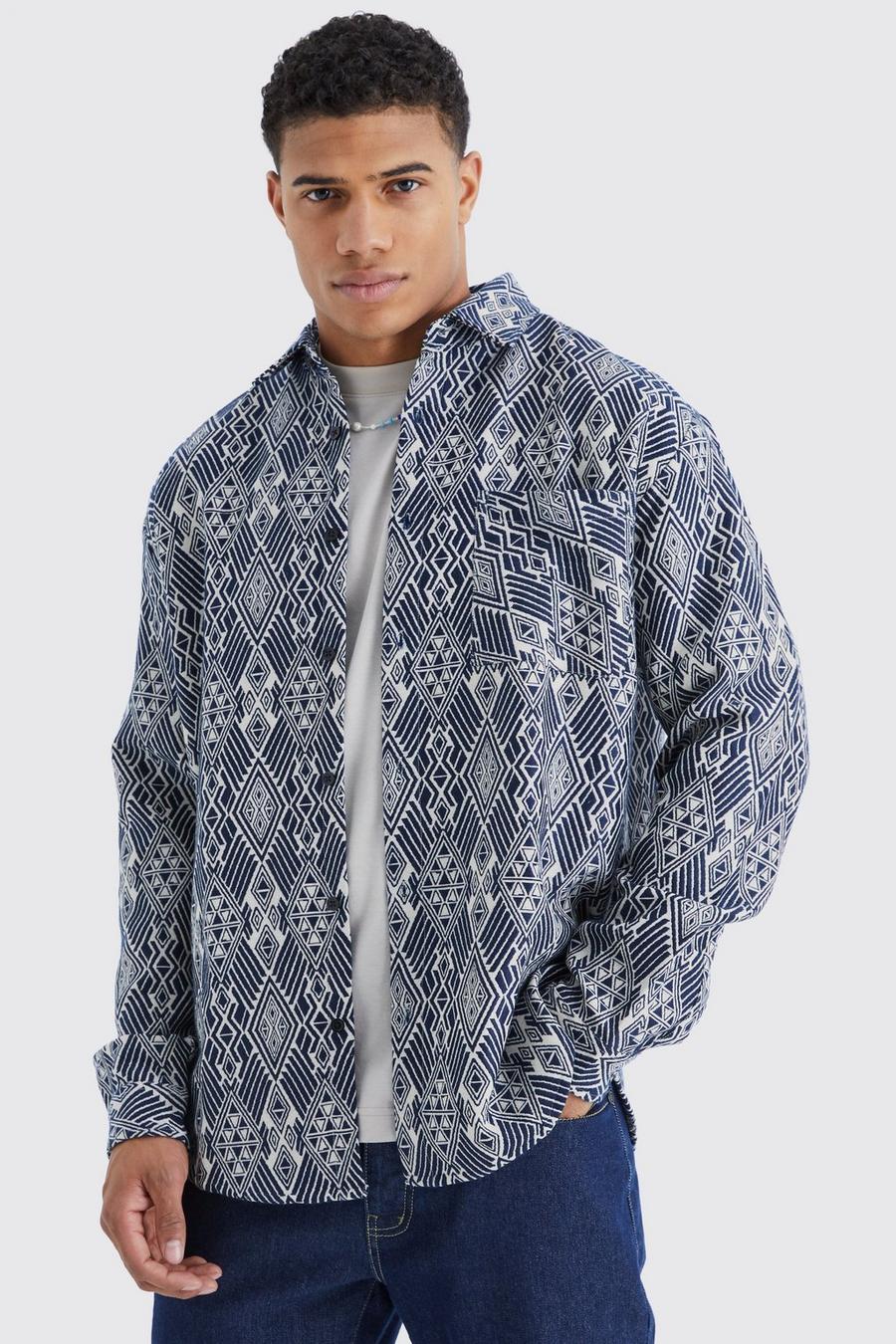 Sovracamicia oversize a maniche lunghe in jacquard azteco, Navy image number 1