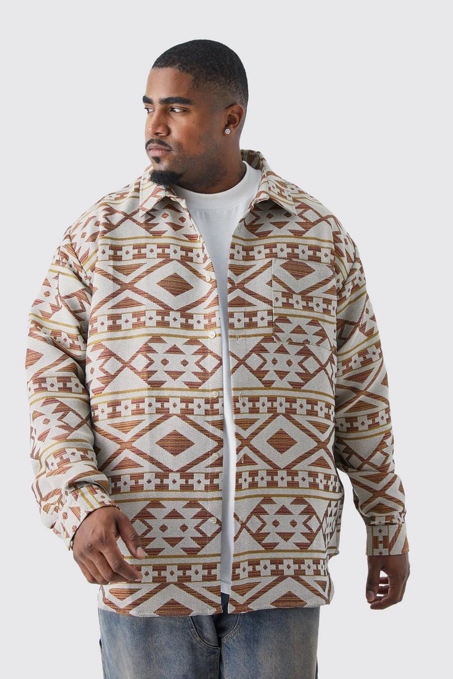 Stone Plus Longsleeve Aztec Jacquard Oversized Shirt Jacket image number 1