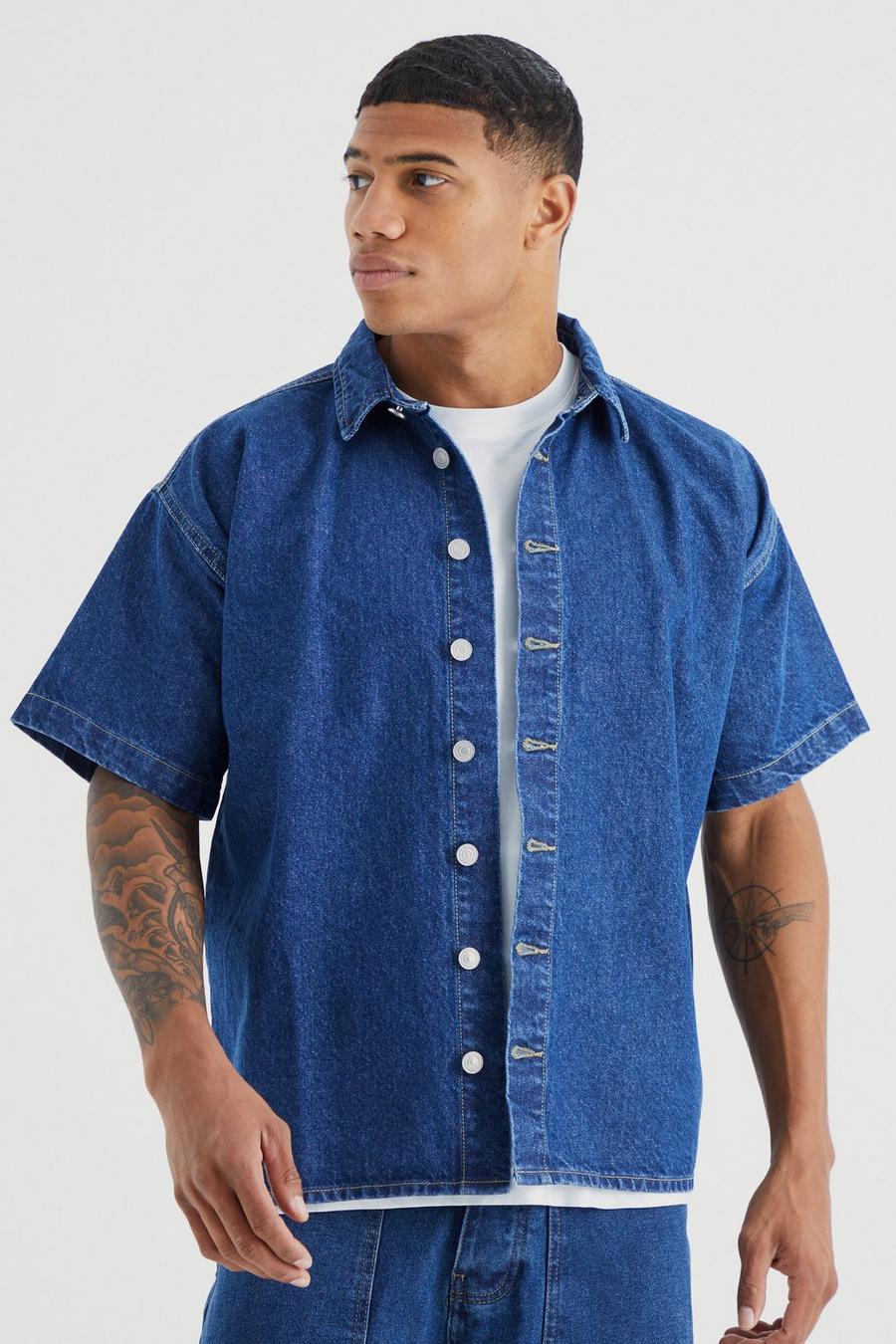 Camicia in denim squadrata a maniche corte, Mid blue image number 1