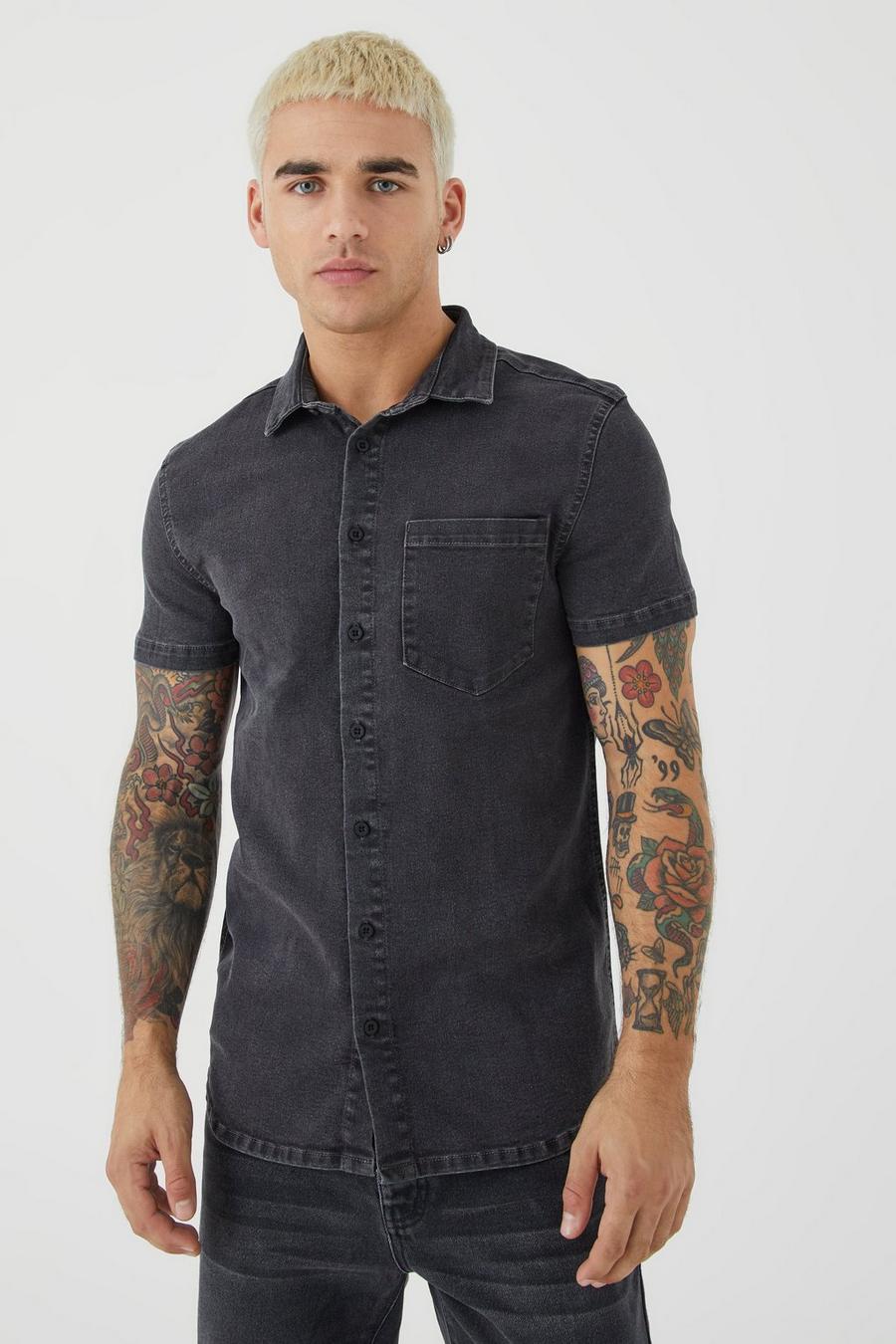 Charcoal Short Sleeve Muscle Fit Denim Shirt image number 1