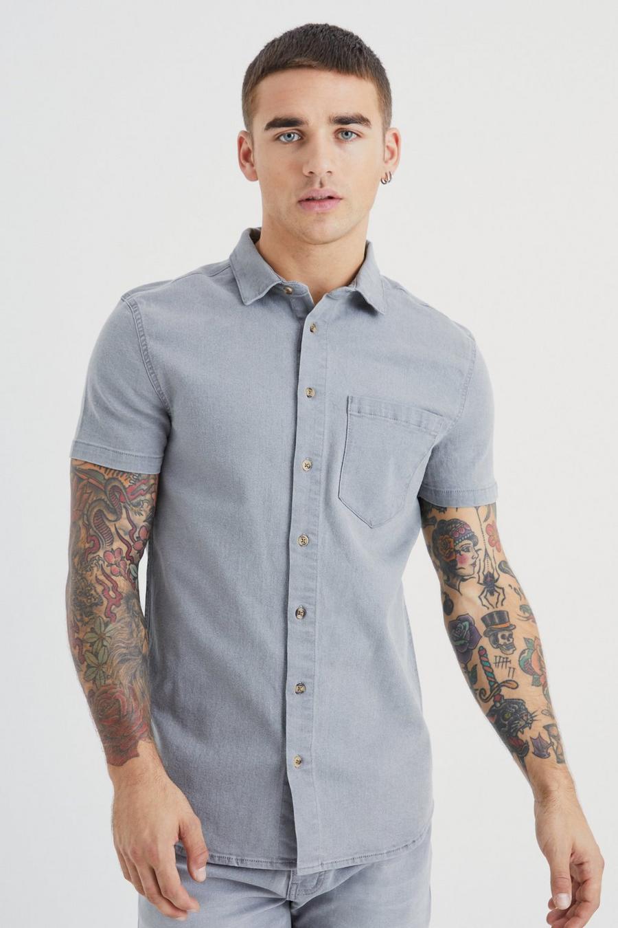 Mid grey Short Sleeve Muscle Fit Denim Shirt image number 1