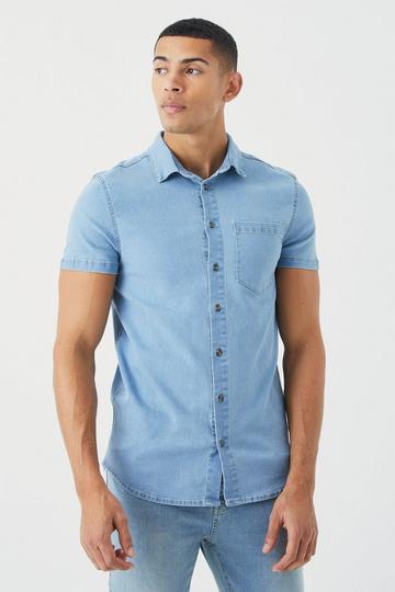 Blue Short Sleeve Muscle Fit Denim Shirt