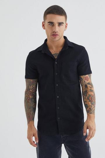 Black Short Sleeve Muscle Fit Denim Shirt