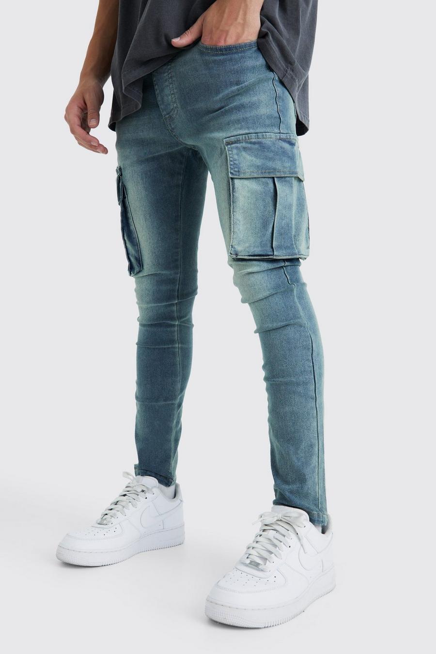 Fashion Men's Lace-up Waist Jeans Trendy Light Blue Cargo Pants