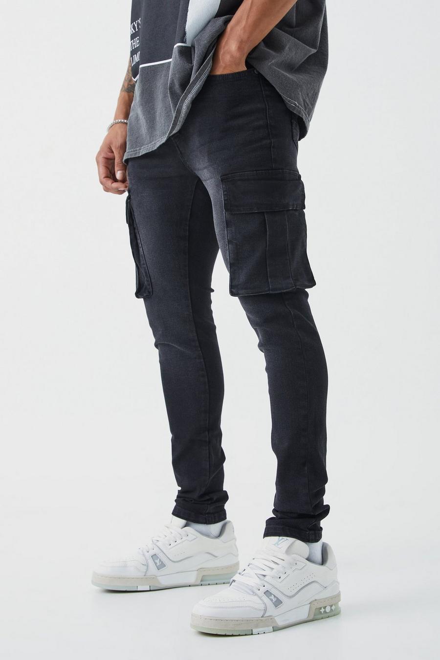 Super Skinny Cargo-Jeans, Washed black