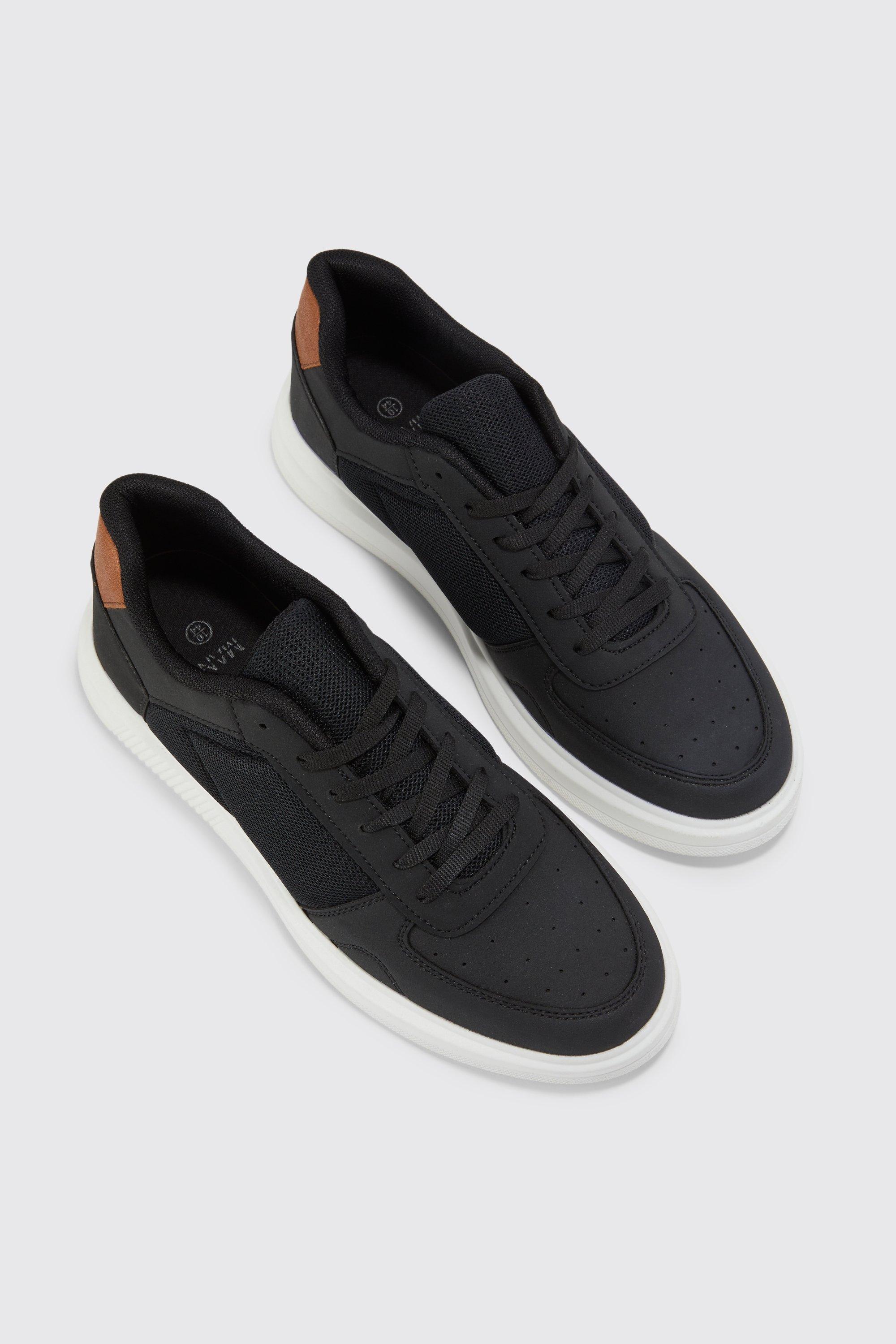 Black faux cheap leather trainers