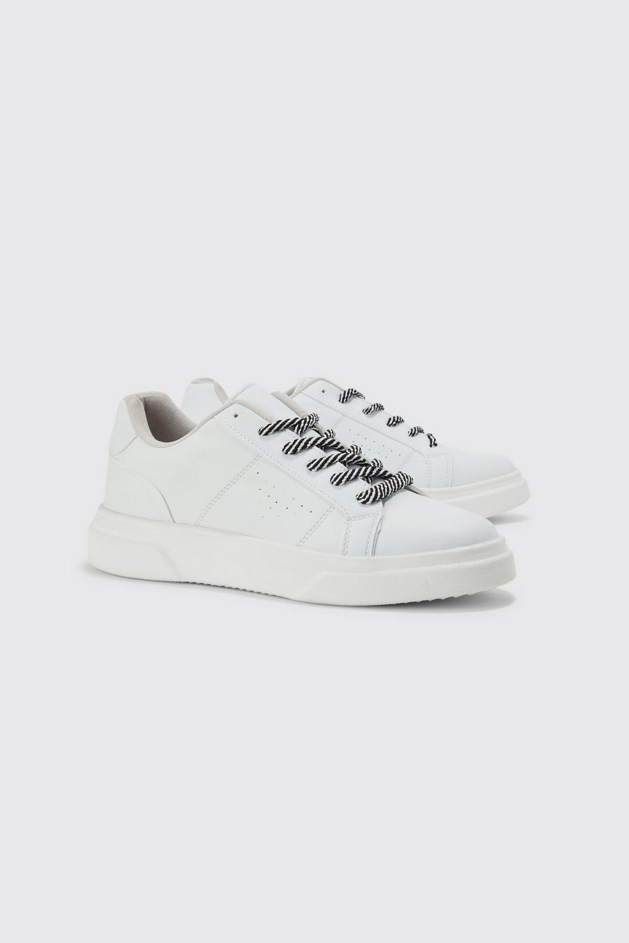 White Contrast Lace Detail Faux Leather Trainer