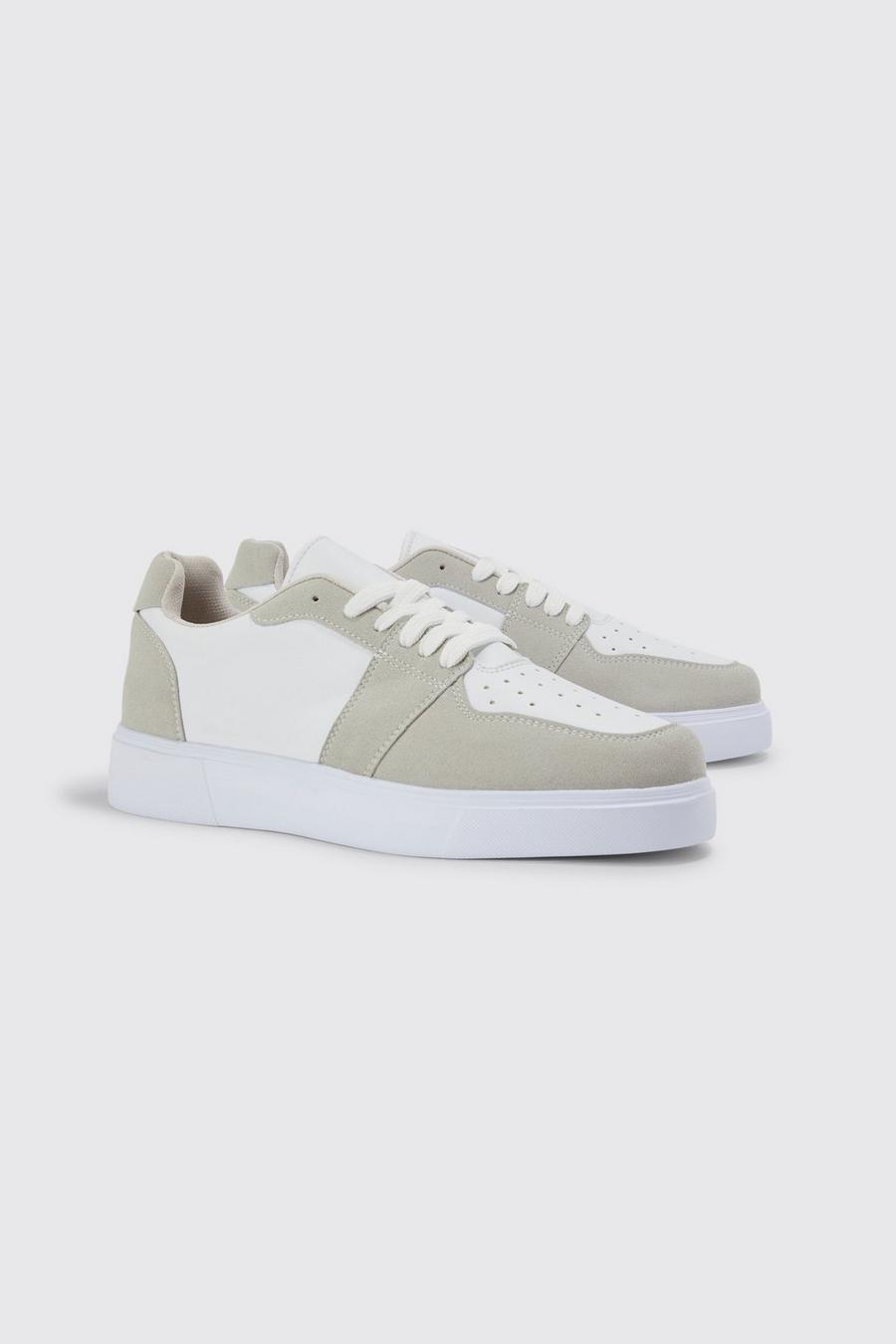 White Faux Leather And Faux Suede Panel Trainer