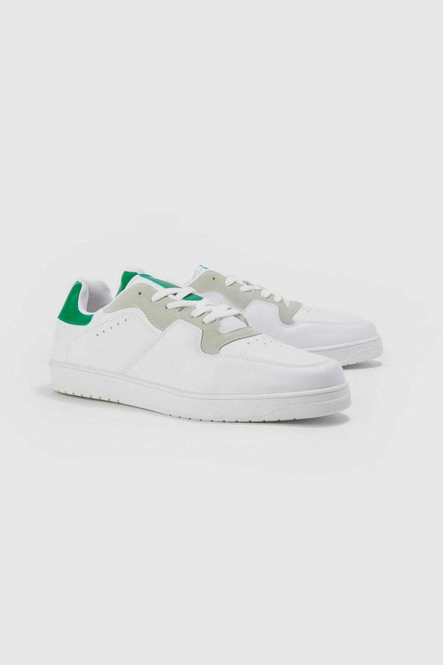 White Faux Leather And Faux Suede Panel Trainer