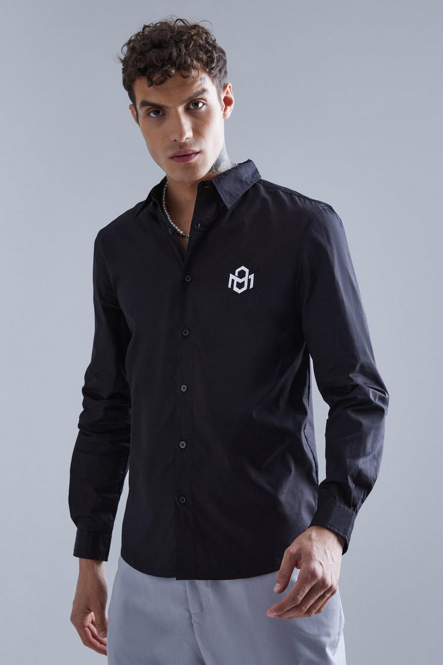 Black hos Sleeve Poplin Mini Chest Embroidery Shirt image number 1