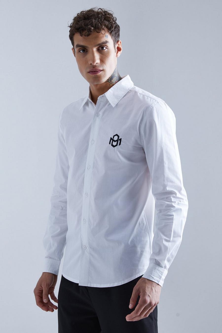 Camisa de manga larga y popelina con bordado mini en el pecho, White image number 1