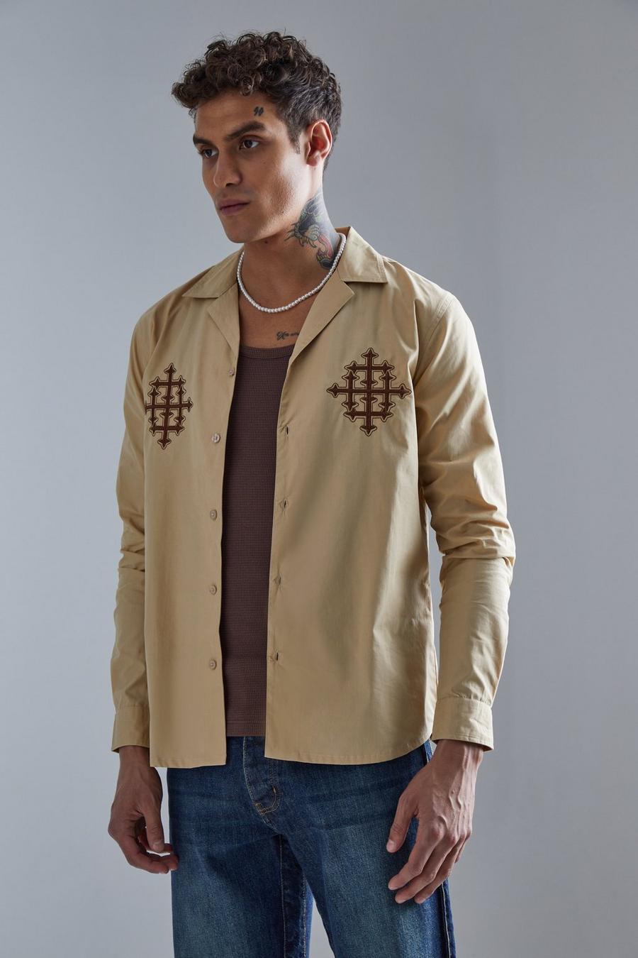 Camisa de manga larga y popelina con solapas y bordado doble, Stone image number 1
