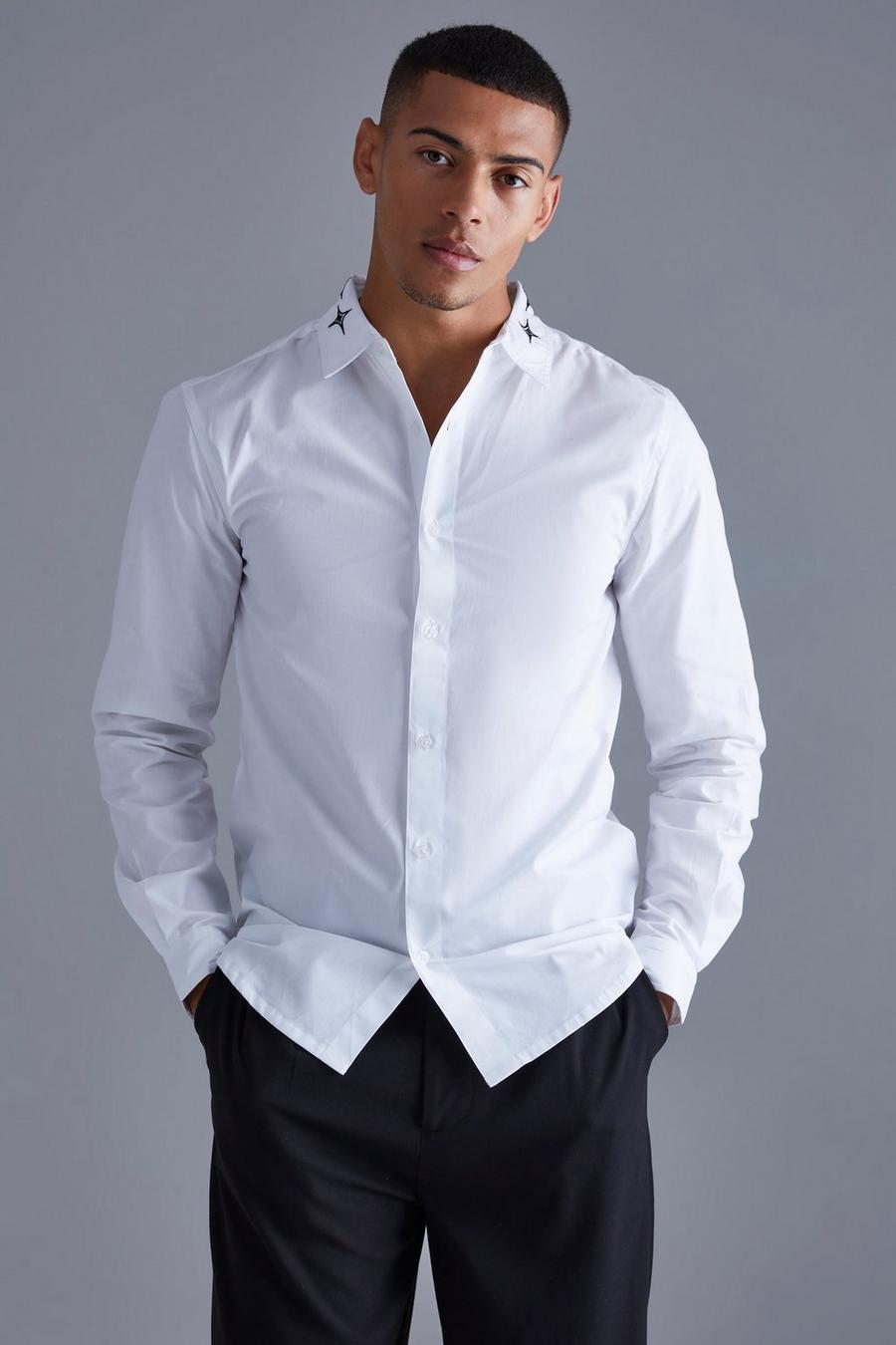 White blanc Long Sleeve Poplin Emblem Embroidered Collar Shirt