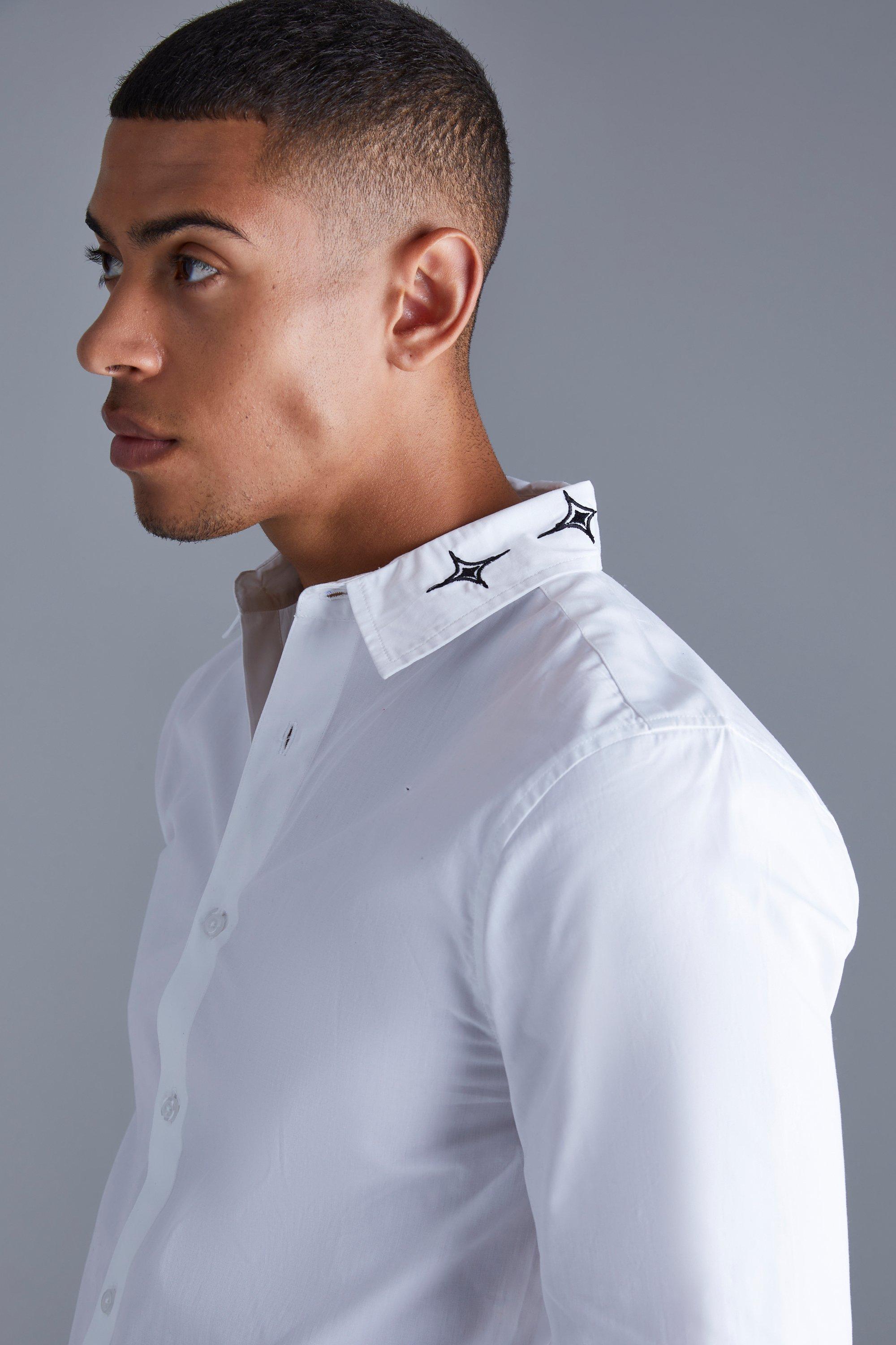 Long Sleeve Poplin Emblem Embroidered Collar Shirt | boohoo USA