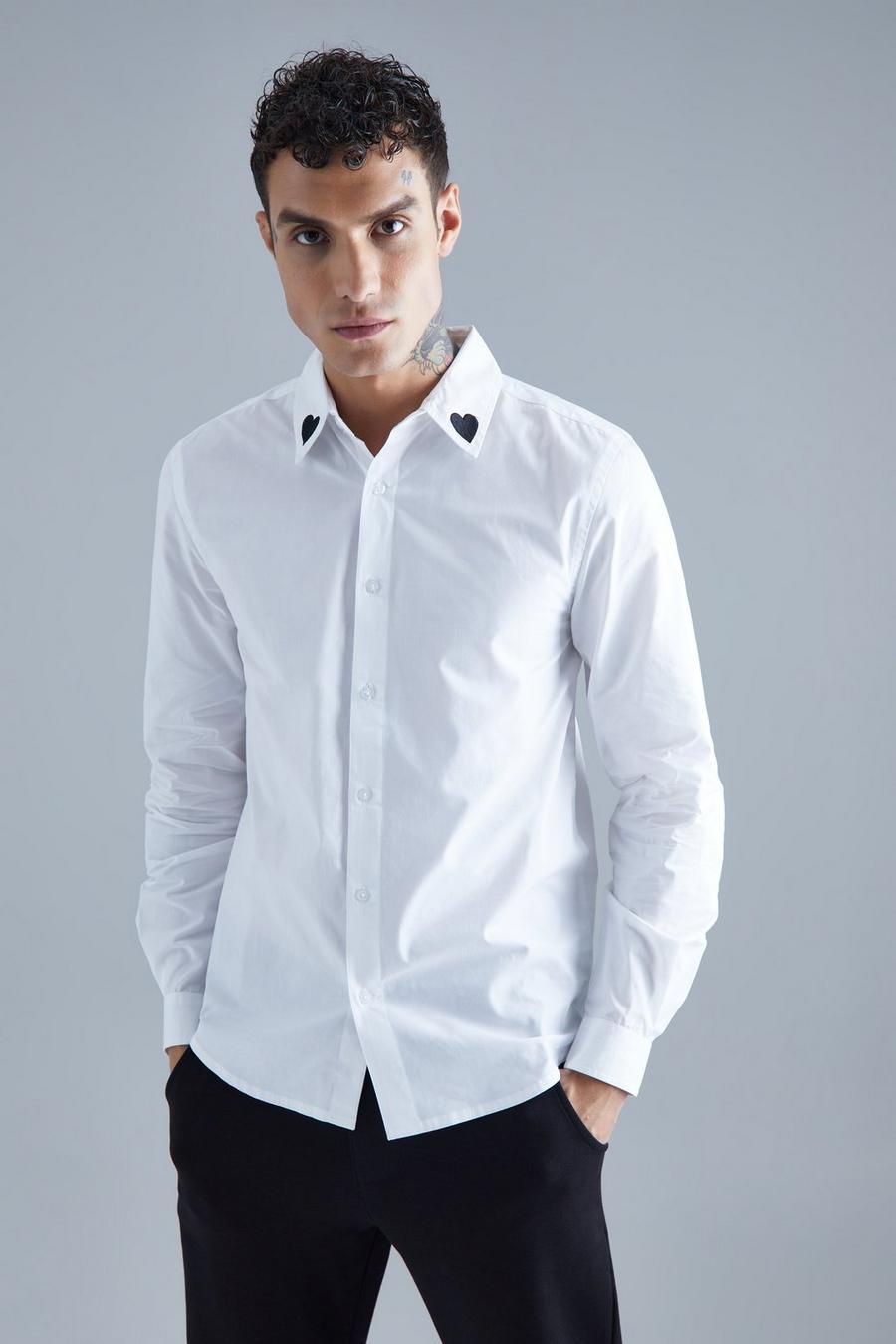 White Long Sleeve Poplin Heart Embroidered Collar Shirt