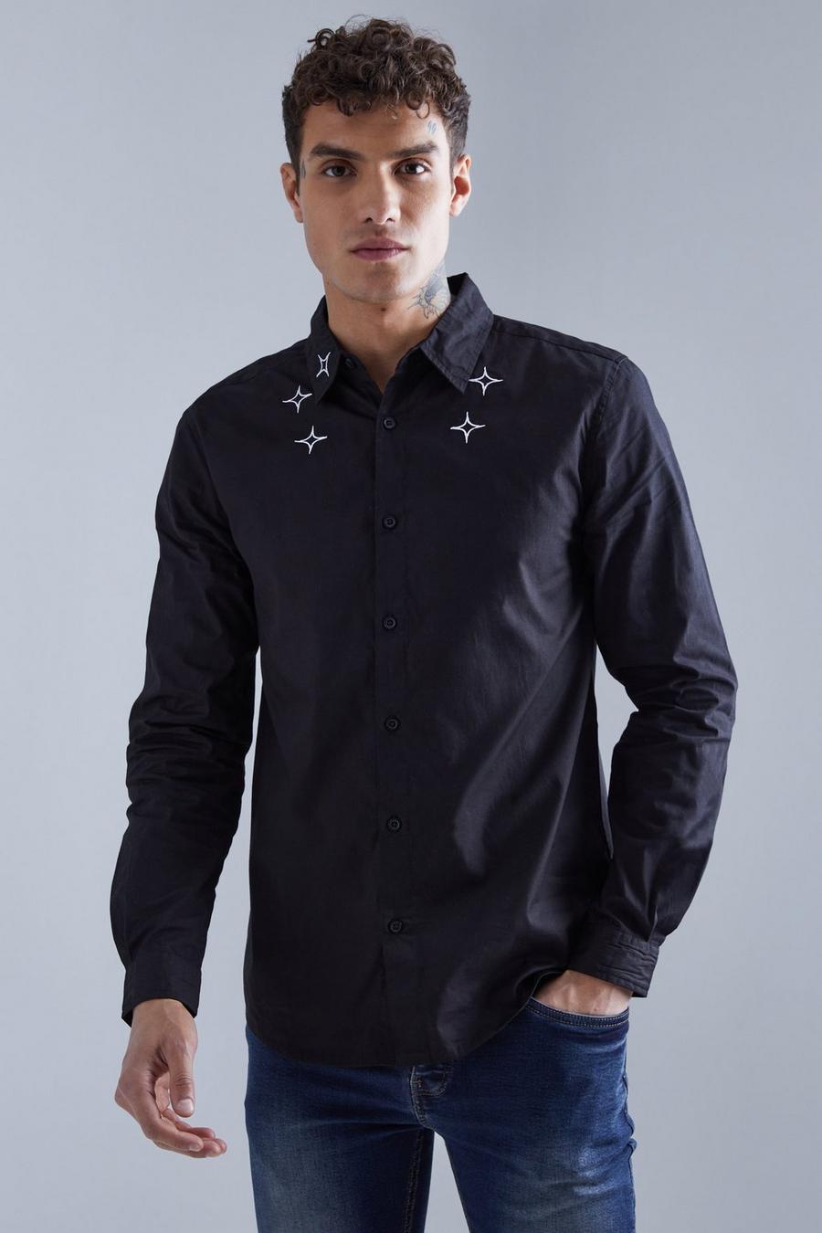 Black Long Sleeve Poplin Multi Embroidered Collar Shirt image number 1