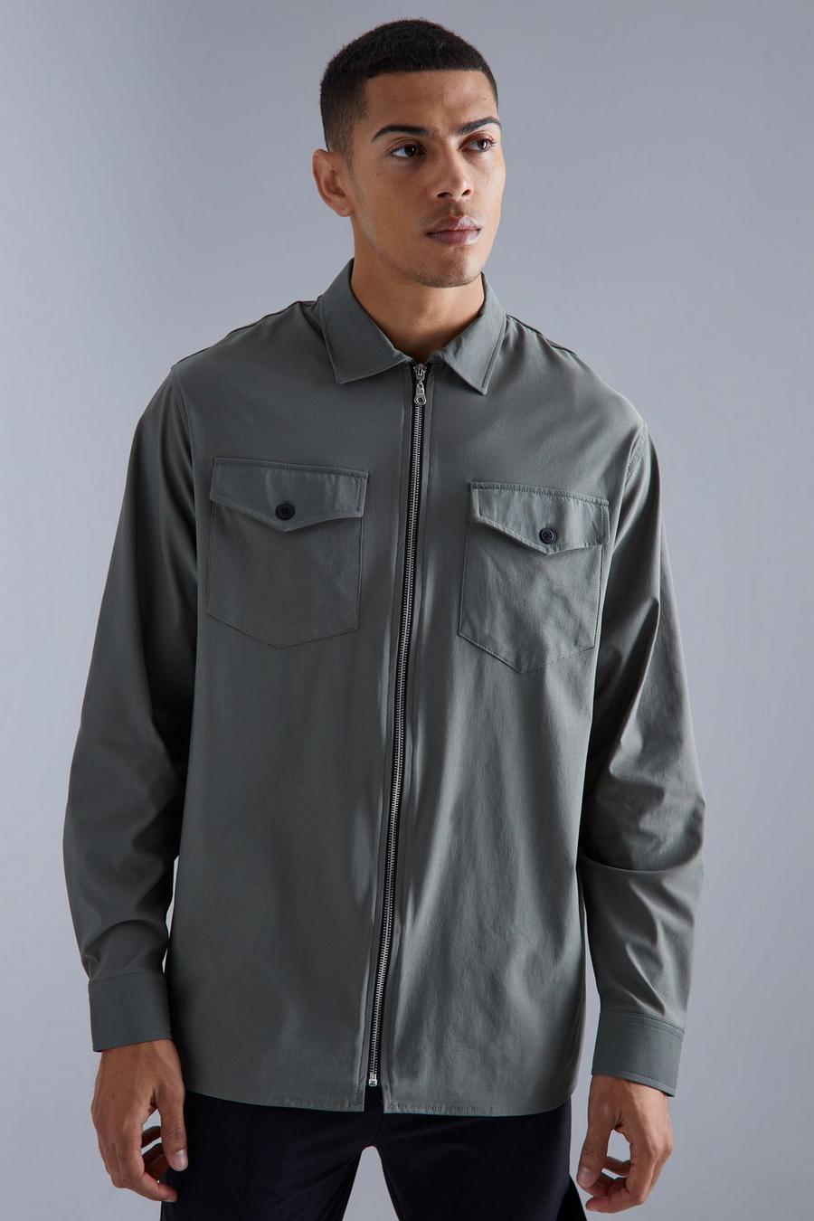 Khaki Smart Nylon Zip Through Overshirt image number 1