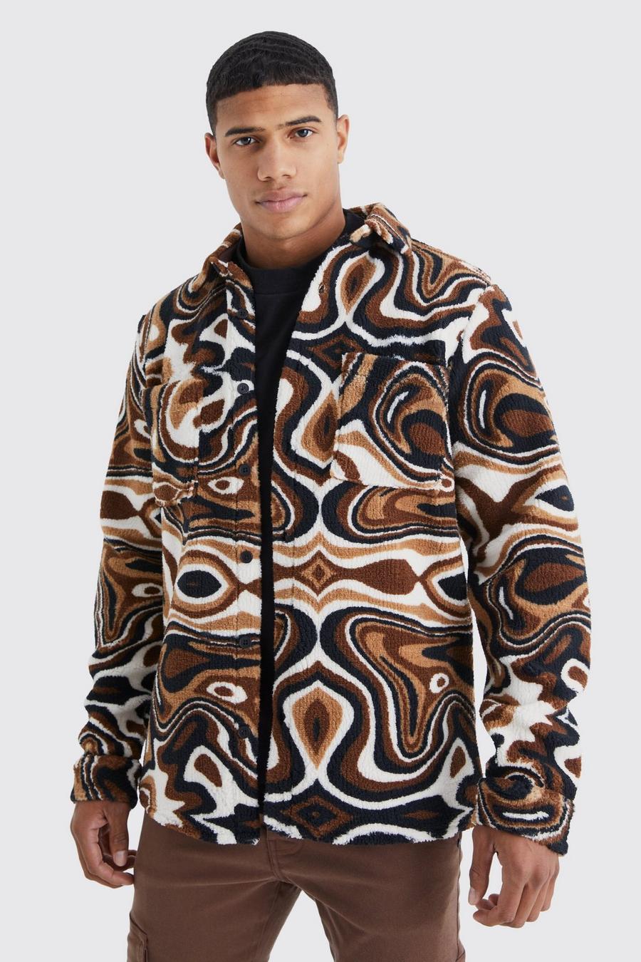 Brown Nepwollen Overhemd Met Abstracte Zakken image number 1