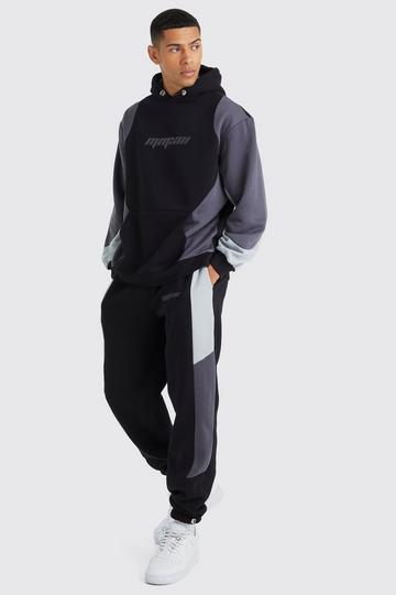 Black Oversized Color Block Hooded Tracksuit