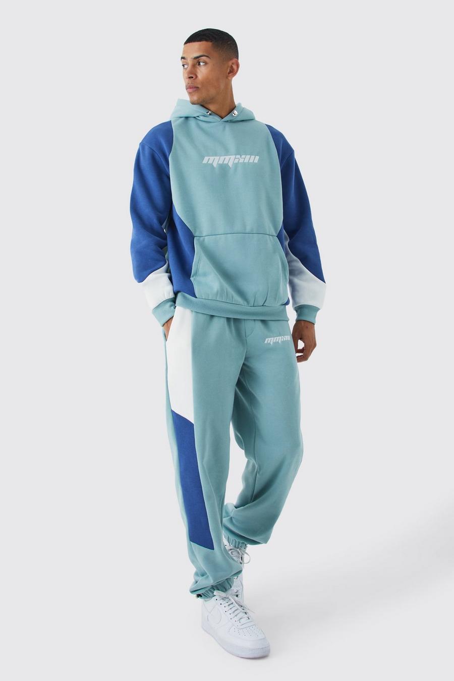 Blue Oversized Colour Block Hooded Tracksuit image number 1