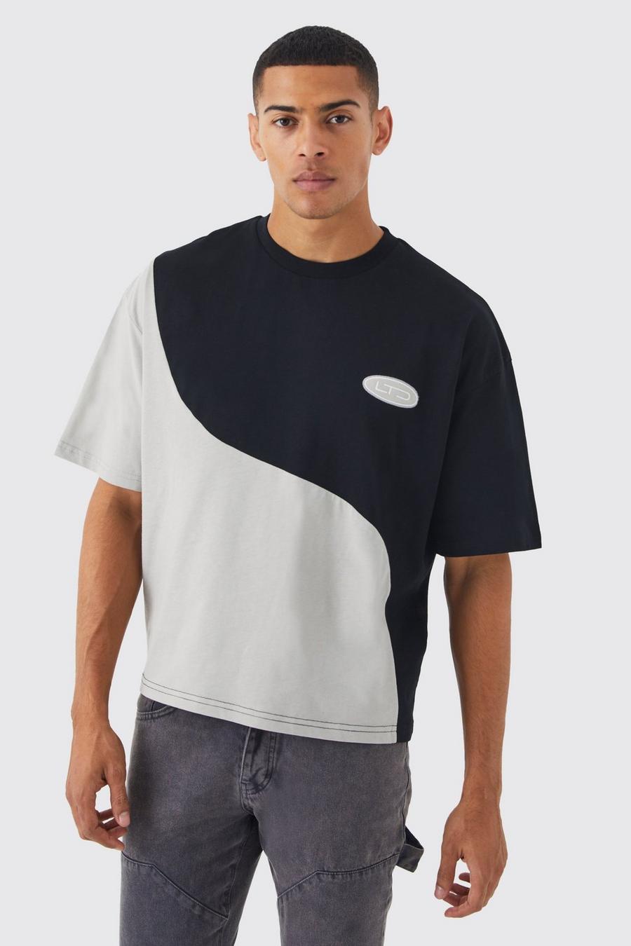 Black Oversized Boxy Curved Colour Block T-shirt