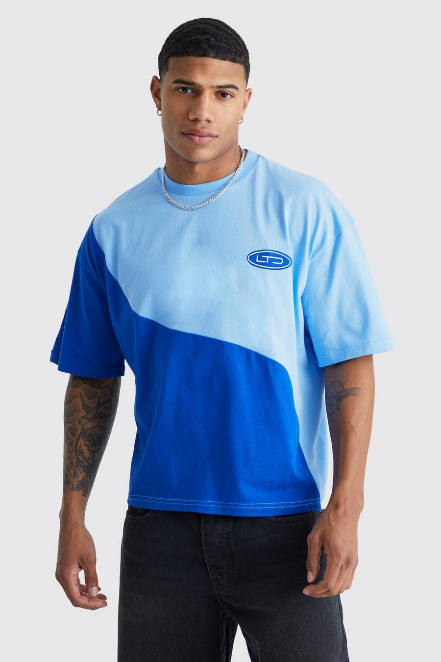 Blue Oversized Boxy Color Block T-Shirt Met Ronde Hals