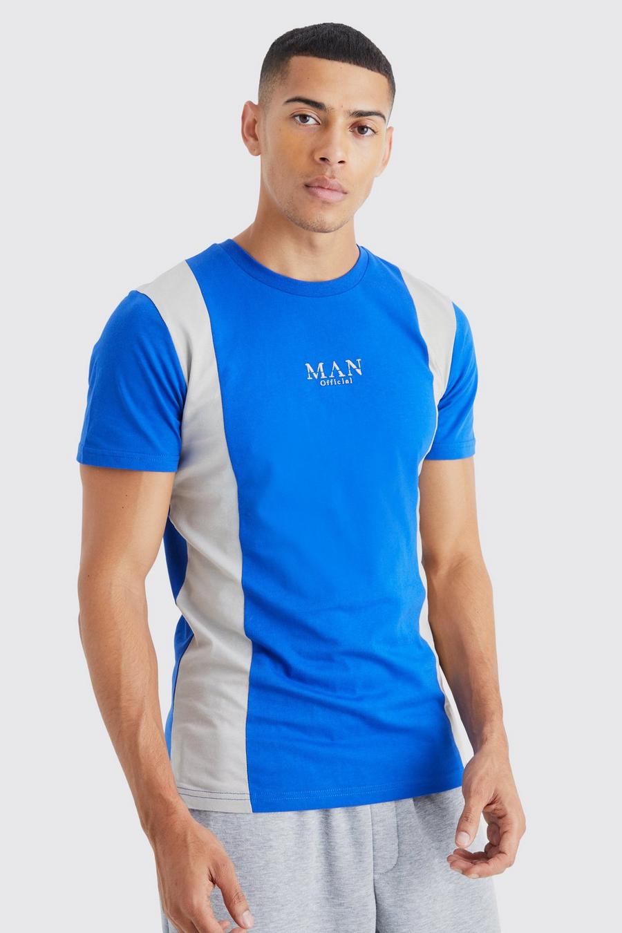 Cobalt blue Geborduurd Slim Fit Color Block T-Shirt
