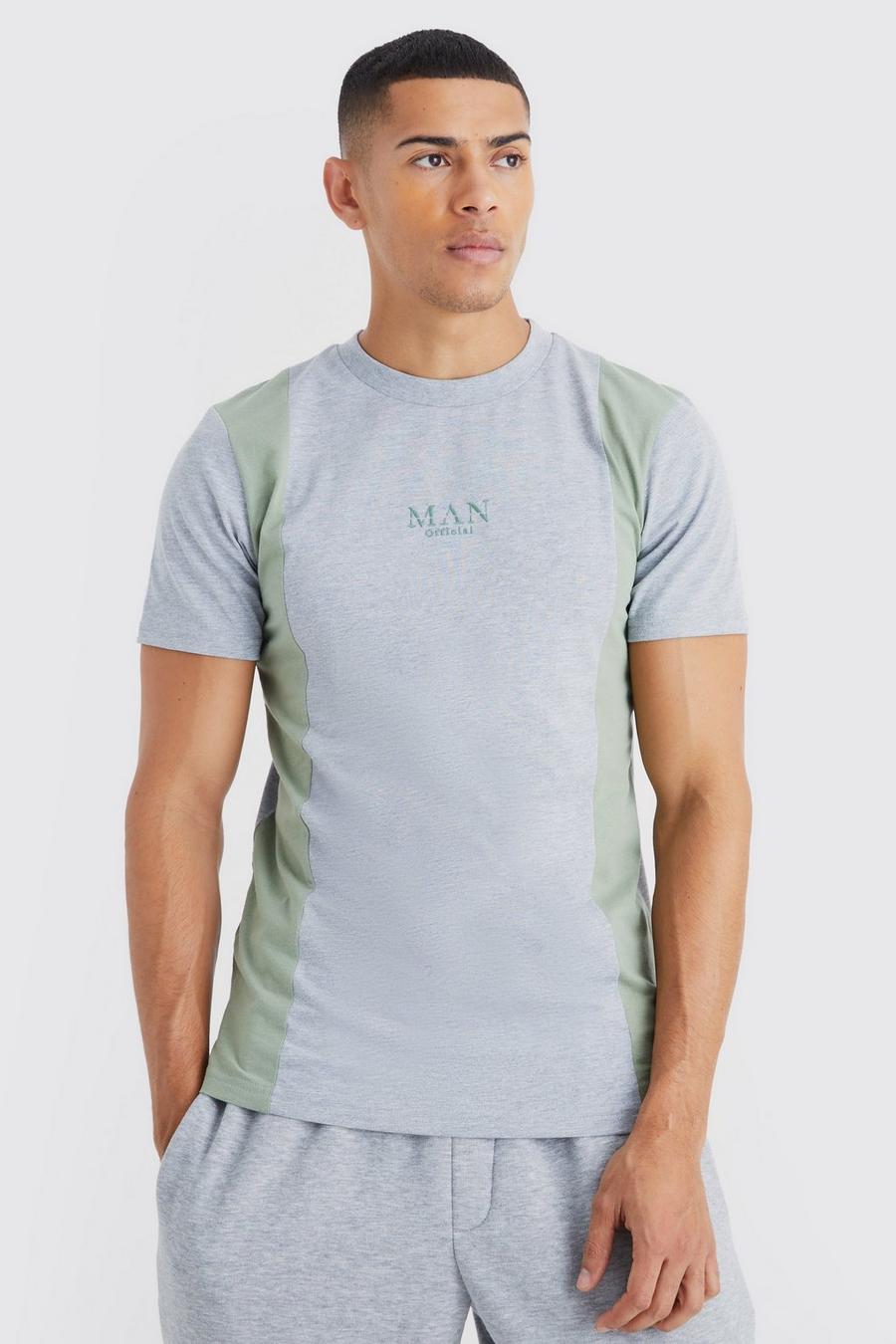 T-shirt Slim Fit a blocchi di colore con ricami, Grey marl