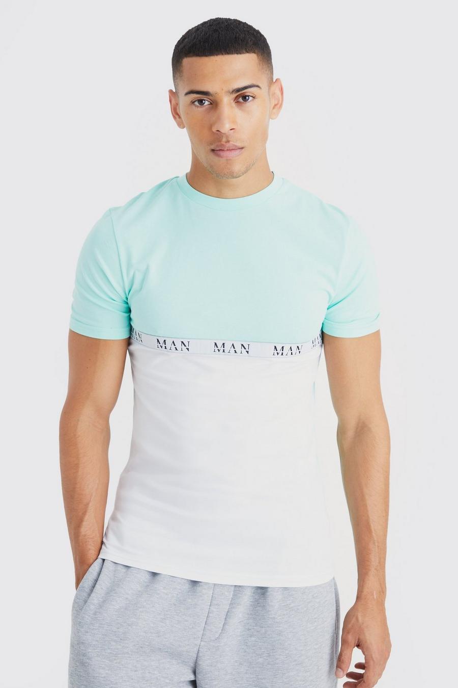 Light blue blå Muscle Fit Colour Block Tape T-shirt