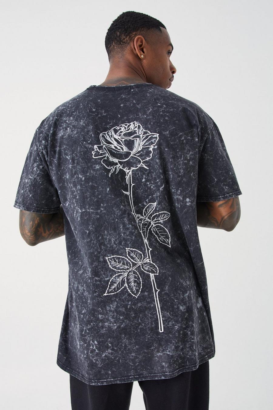 Charcoal Oversized Acid Wash Rose Stem Print T-shirt image number 1