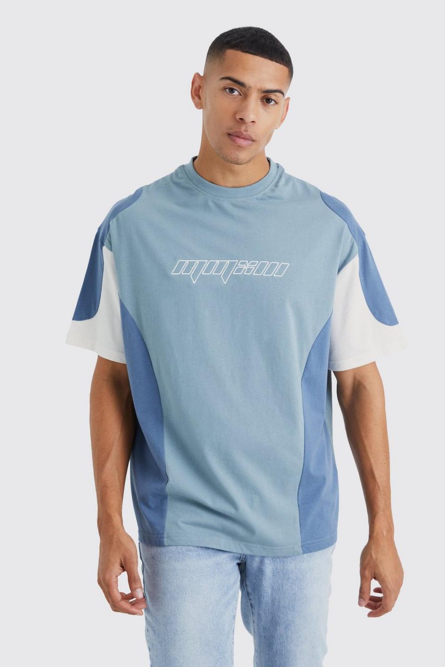 T-shirt a blocchi di colore con ricami, Blue