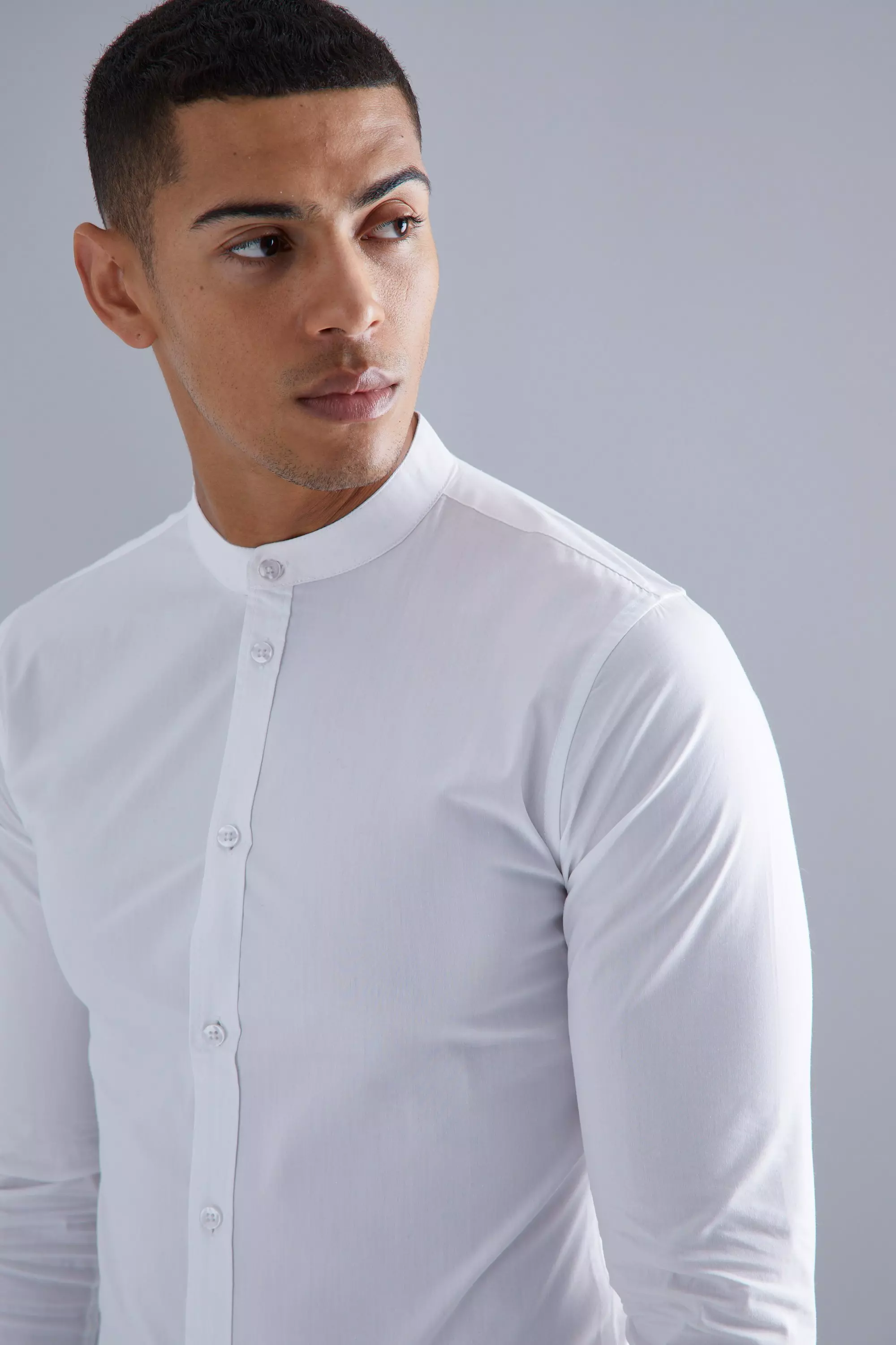 Long Sleeve Grandad Collar Stretch Fit Shirt