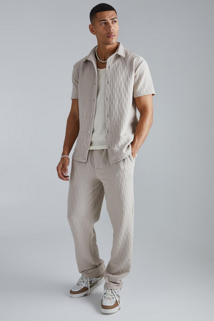 Stone Short Sleeve Textured Stretch Shirt And Pants Set image number 1
