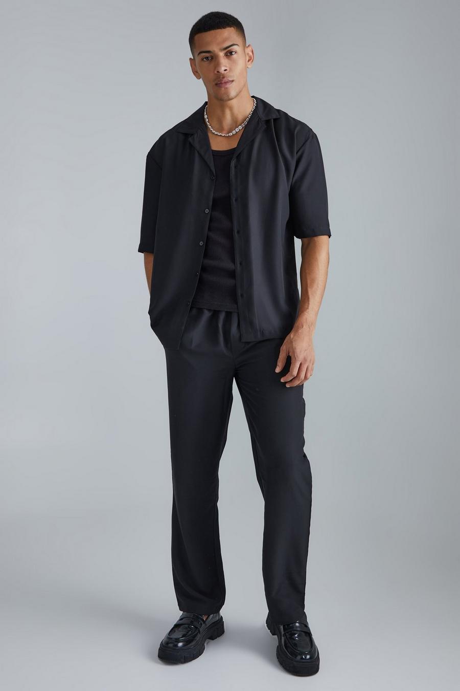 Conjunto de pantalón y camisa de manga corta y raso con solapas, Black image number 1