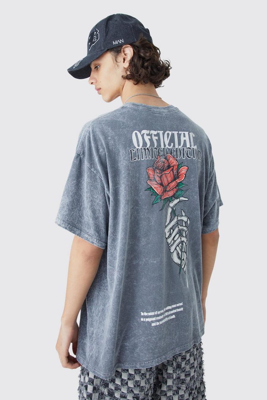 Grey Oversized Skeleton Rose Wash T-shirt