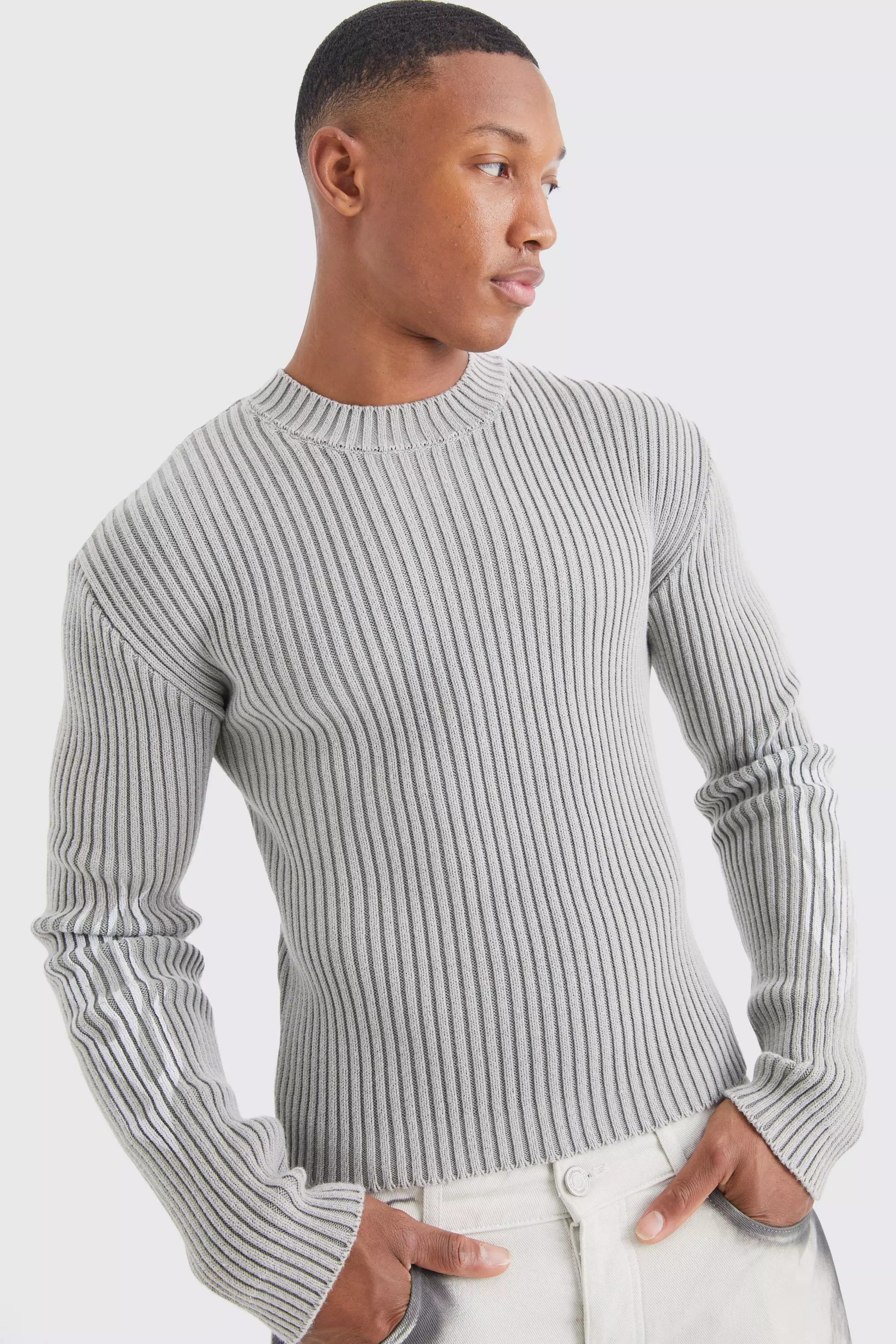 Muscle Fit Ribbed Acid Wash Knit Jumper