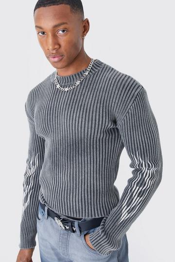 Black Muscle Fit Ribbed Acid Wash Knit Jumper