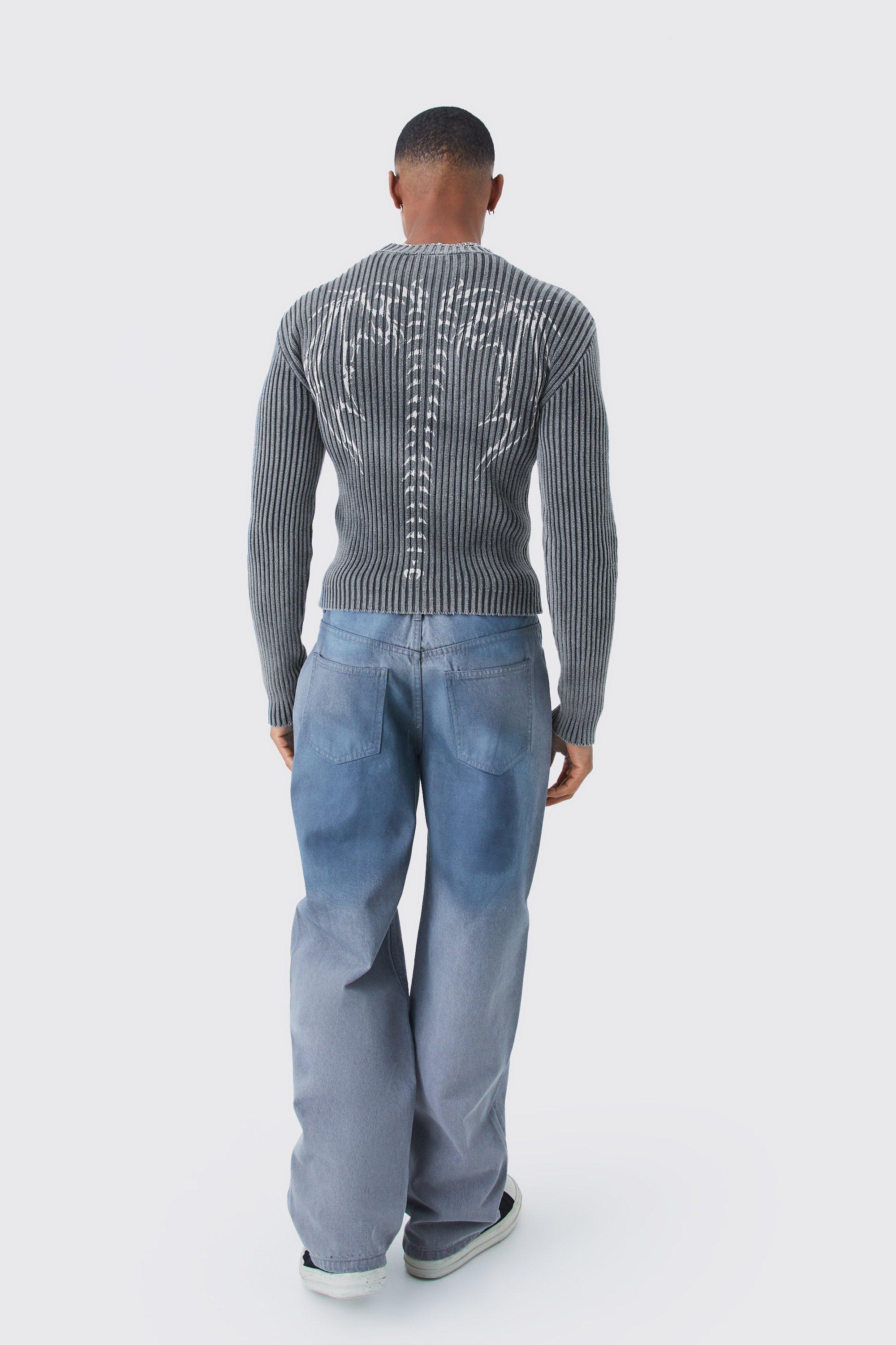 Muscle Fit Ribbed Acid Wash Knit Jumper