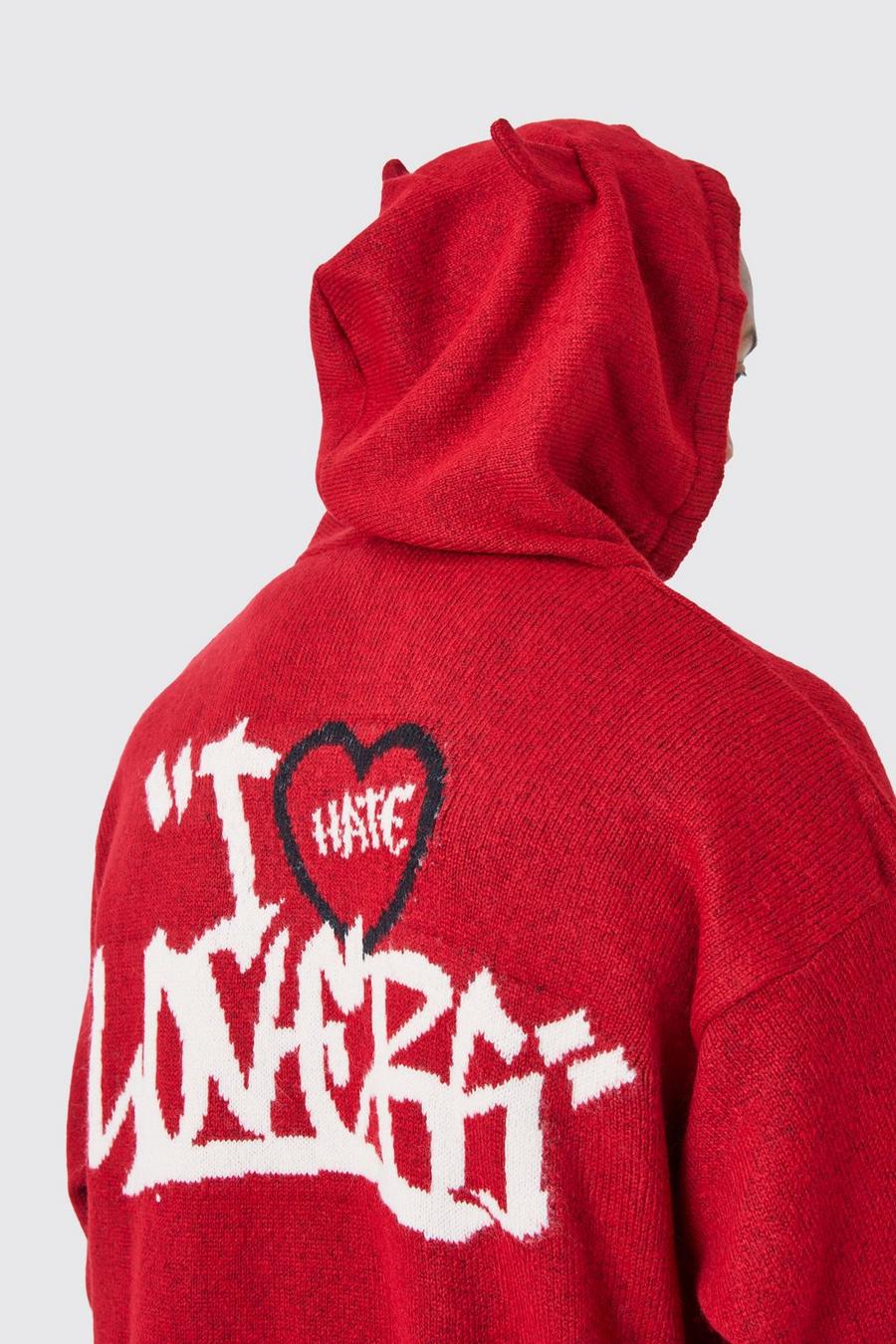 Red Oversized Brushed Devil Ears Knitted Hoodie image number 1