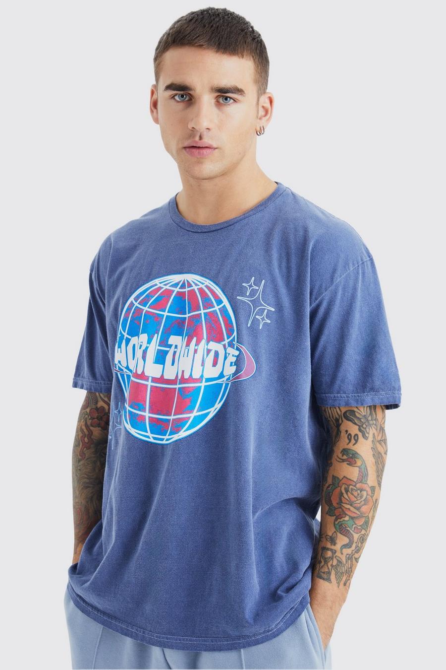 T-shirt oversize in lavaggio con grafica Worldwide, Navy