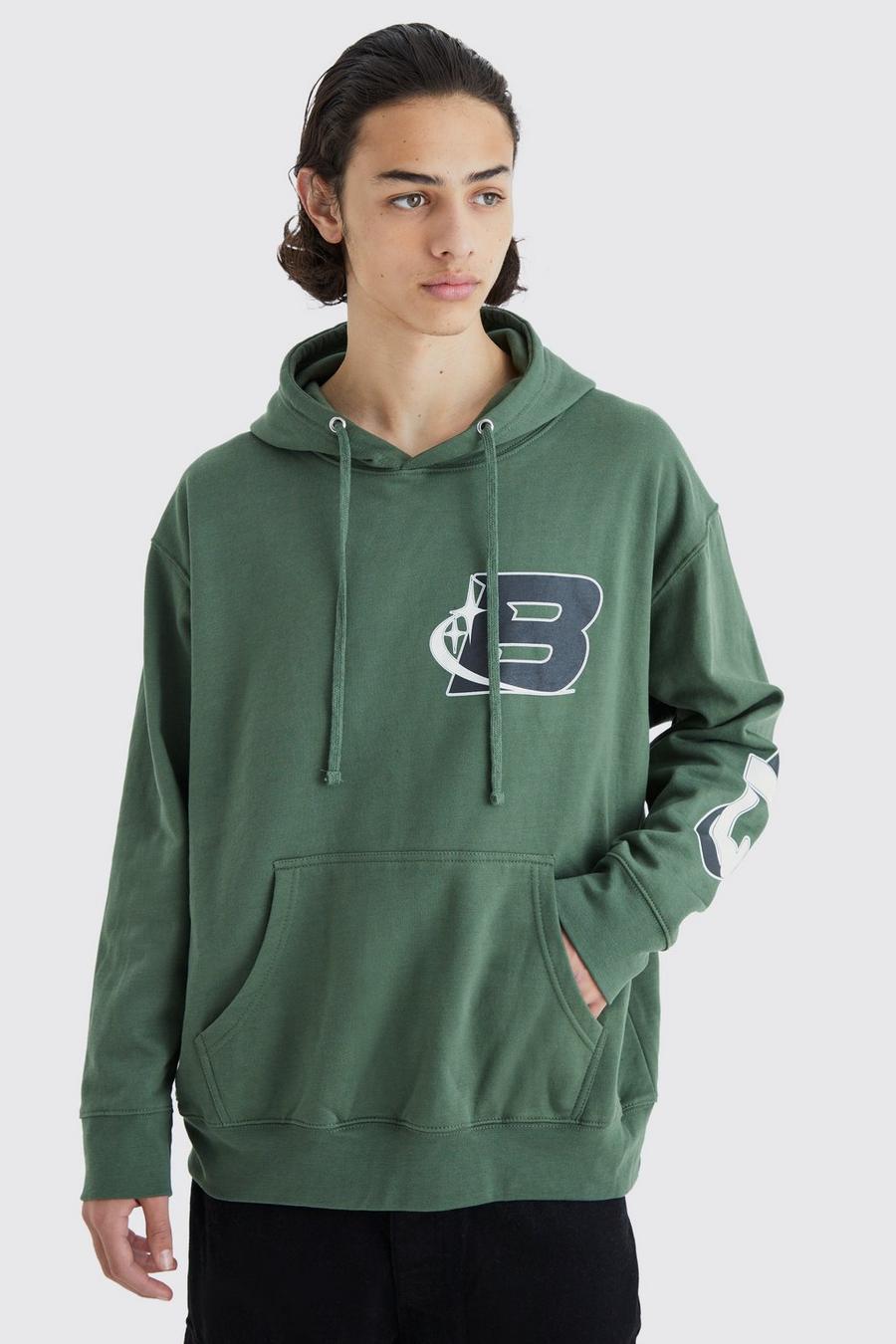 Green Oversized Varsity Graphic Hoodie image number 1