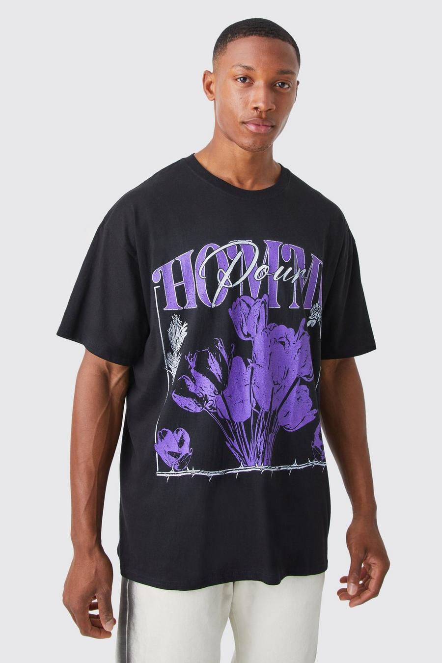 T-shirt Homme con grafica a fiori, Black negro