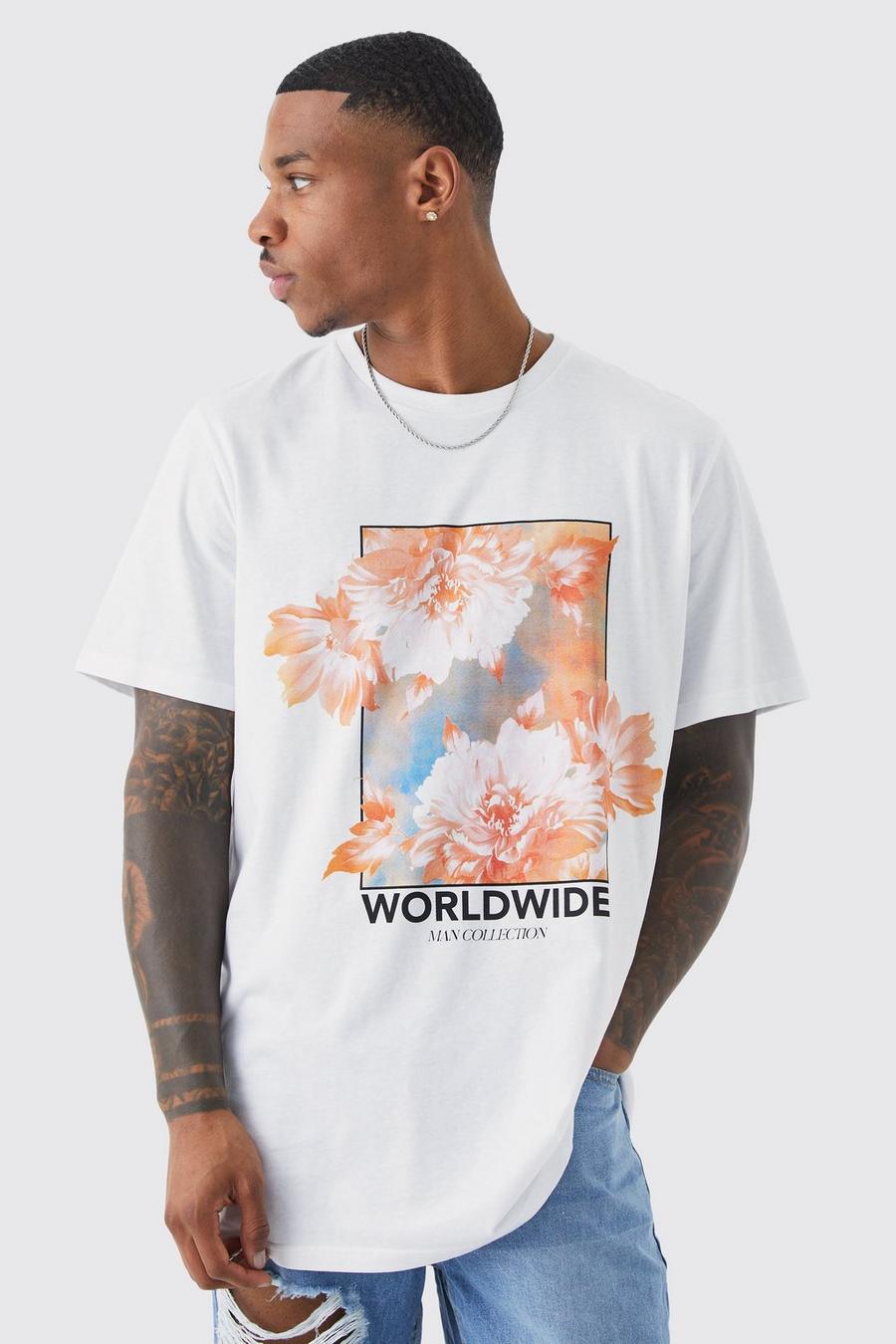 T-shirt Worldwide con grafica a fiori, White bianco