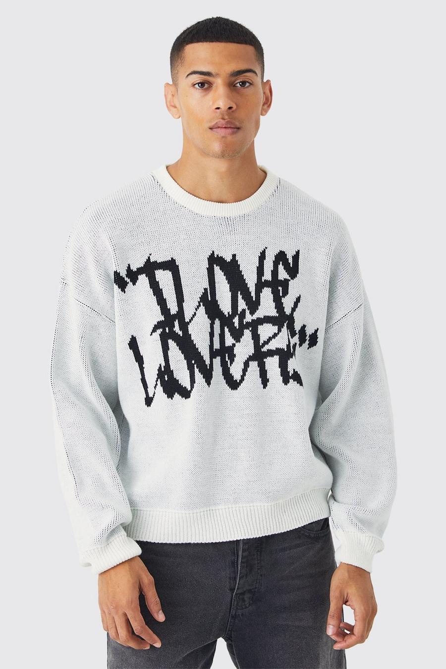 White Boxy Crew Neck Slogan Knit Sweater image number 1