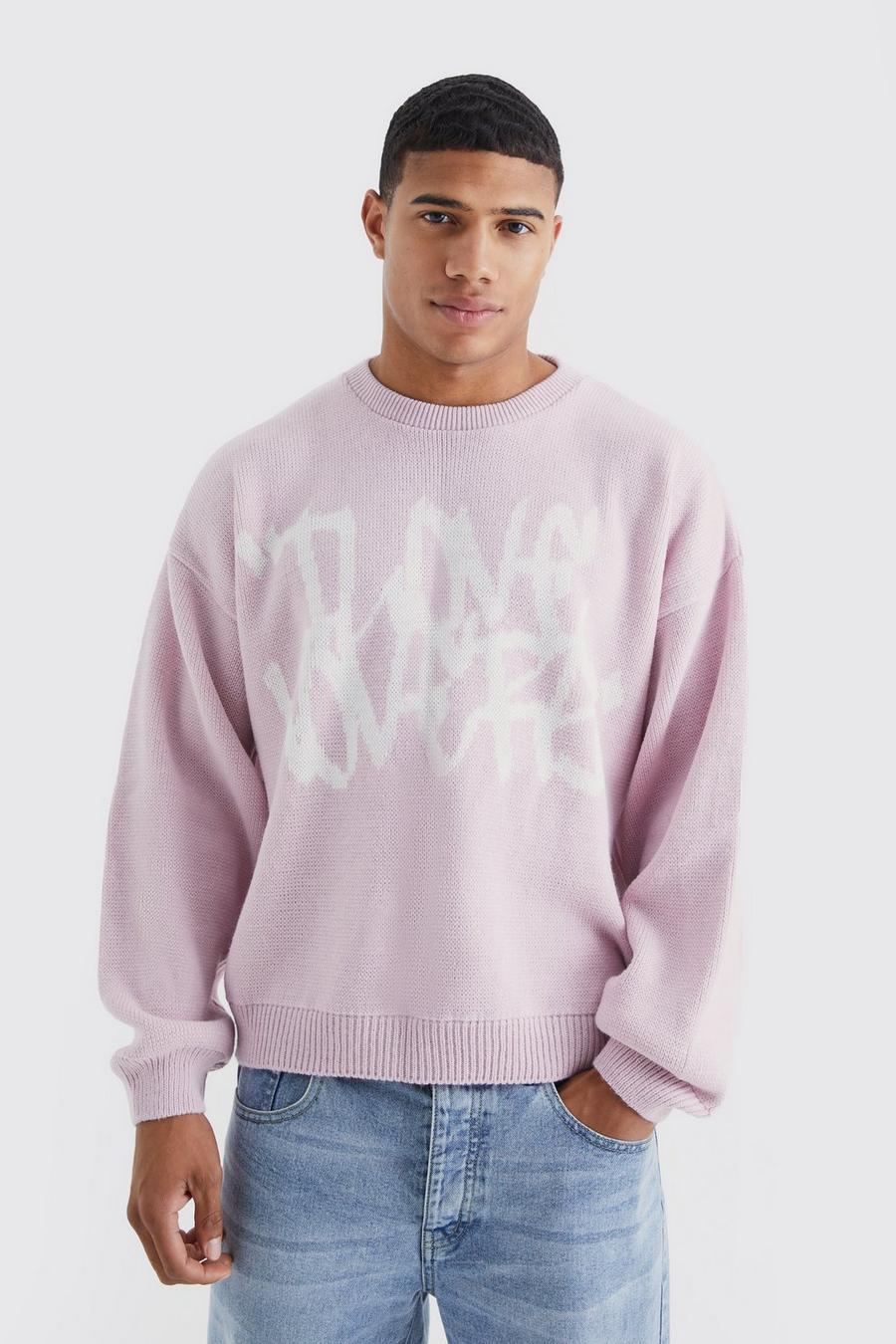 Pink Boxy Crew Neck Slogan Knit Sweater