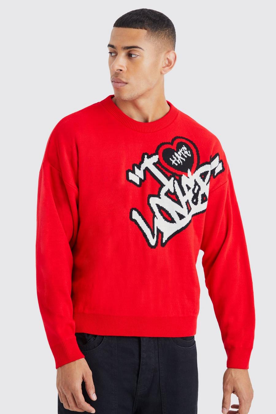 Red Boxy Crew Neck Lover Knit Jumper image number 1
