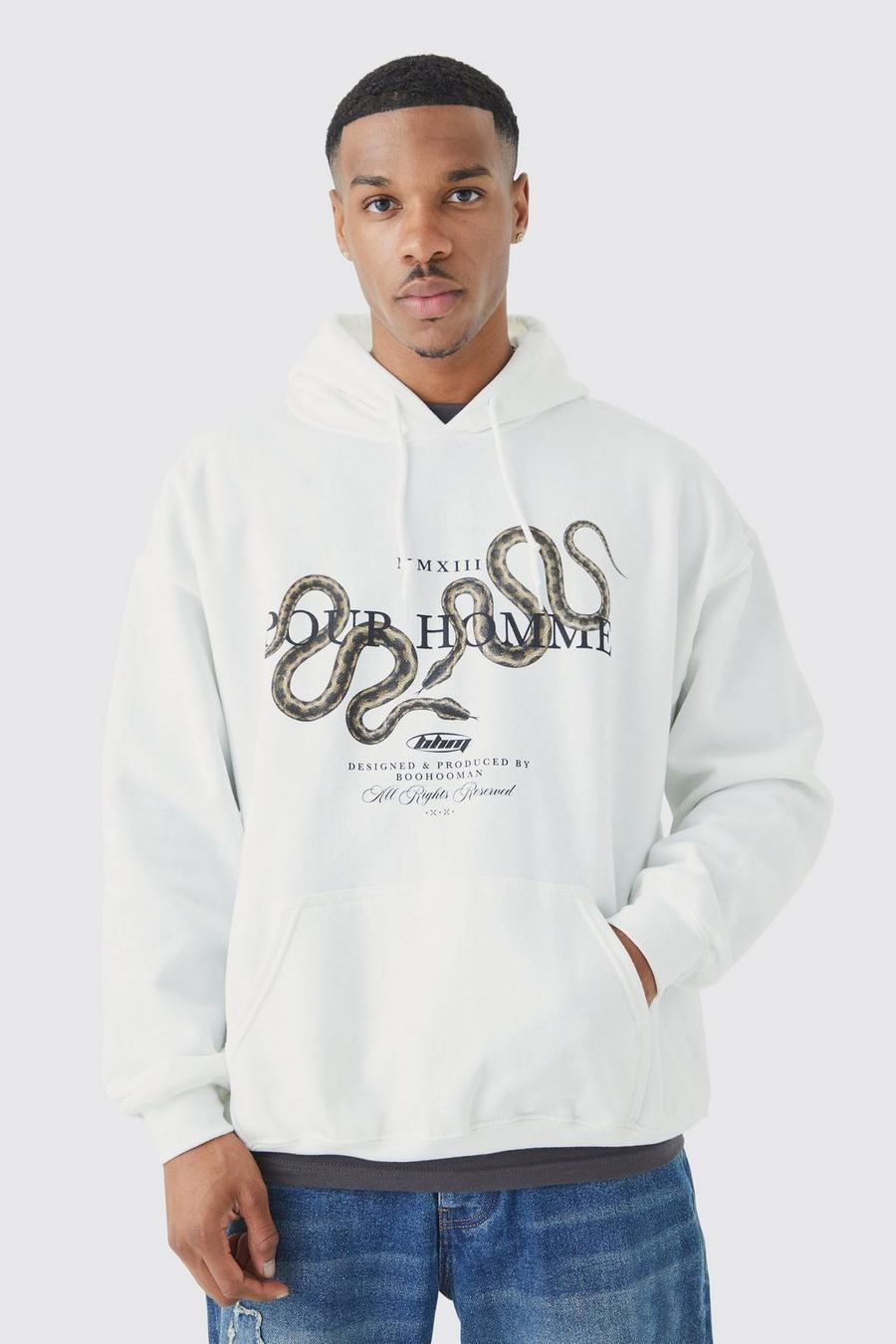 Sudadera oversize con capucha y estampado Pour Homme, White