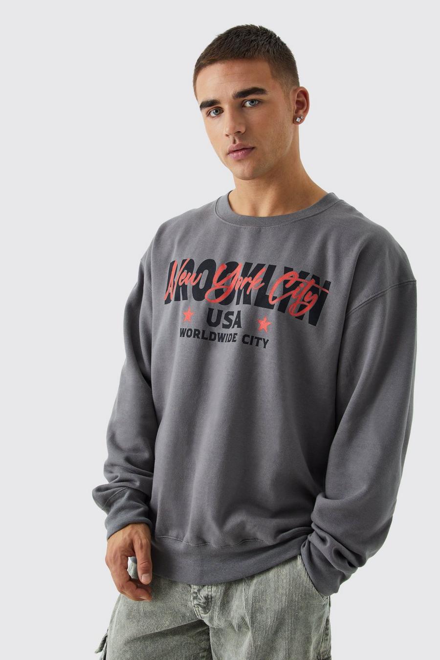 Oversize Sweatshirt mit Brooklyn Print, Charcoal image number 1