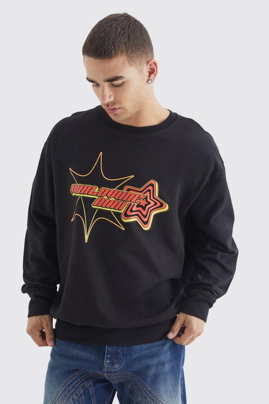 Black Oversized Worldwide Man Graphic Sweatshirt